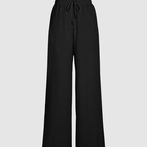 SOLID RIB DRAWSTRING WIDE LEG PANTS
